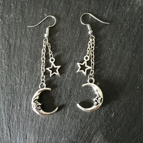 Silver Boho Dangling Crescent Moon Star Earrings - Picture 1 of 2